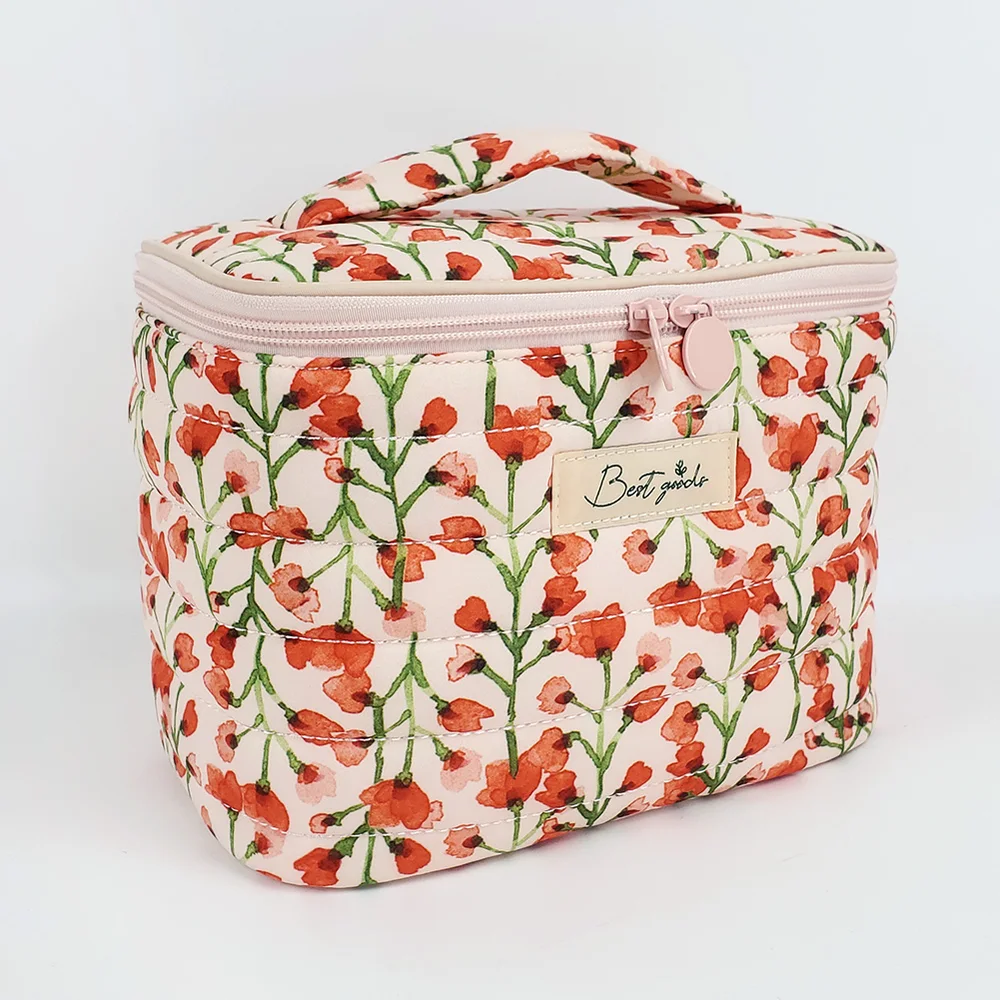 Quilted puffer box-case cosmetic bag, cream watercolor coral floral print, pink piping, top handle, pink zipper pull, white background
