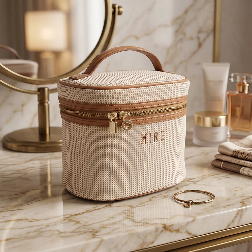 Cream woven vanity case with tan leather trim, gold zipper, and MIRE embroidery on marble counter beside gold mirror and skincare props