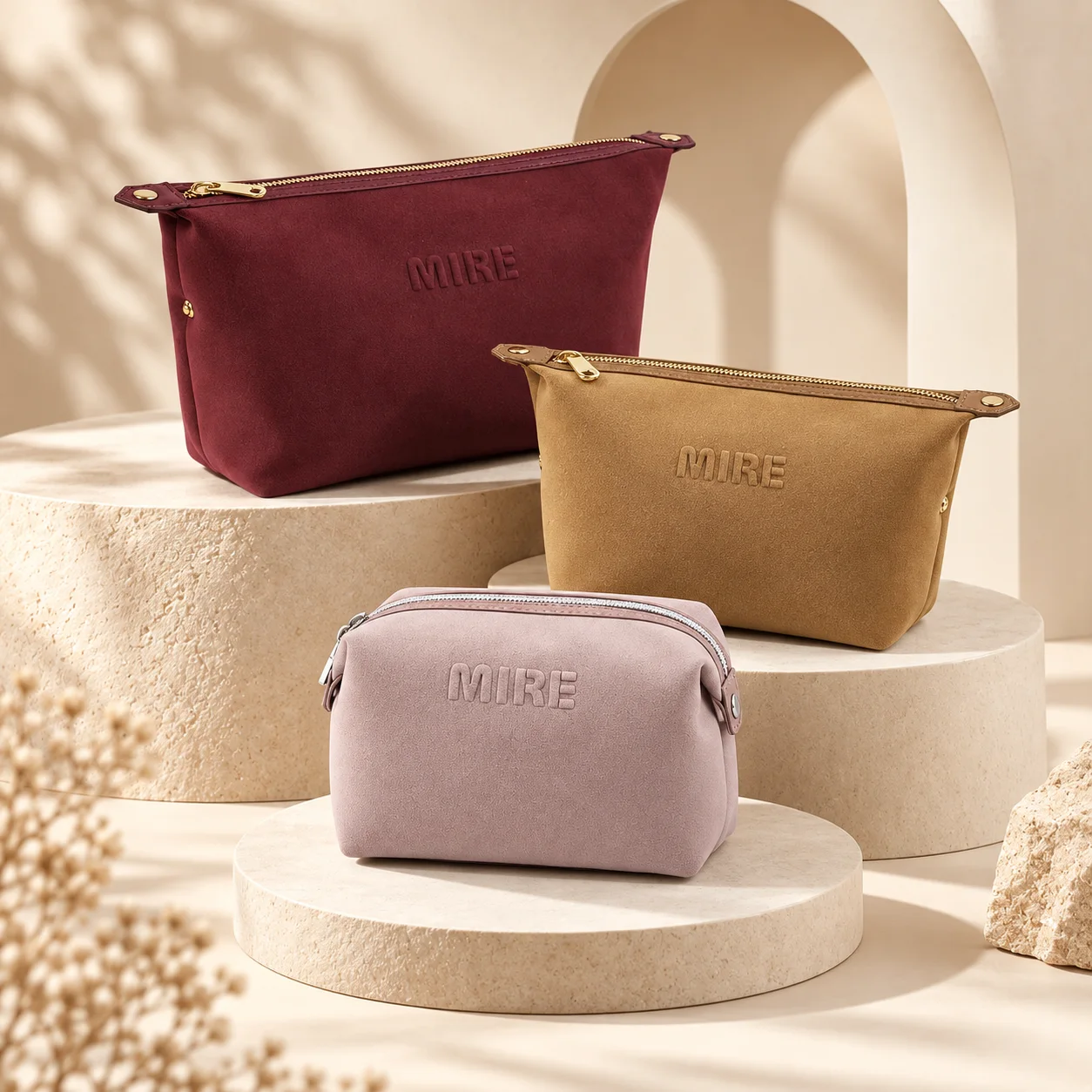 Three suede cosmetic bags in wine, camel and blush from one MIRE series — custom development by Best Goods
