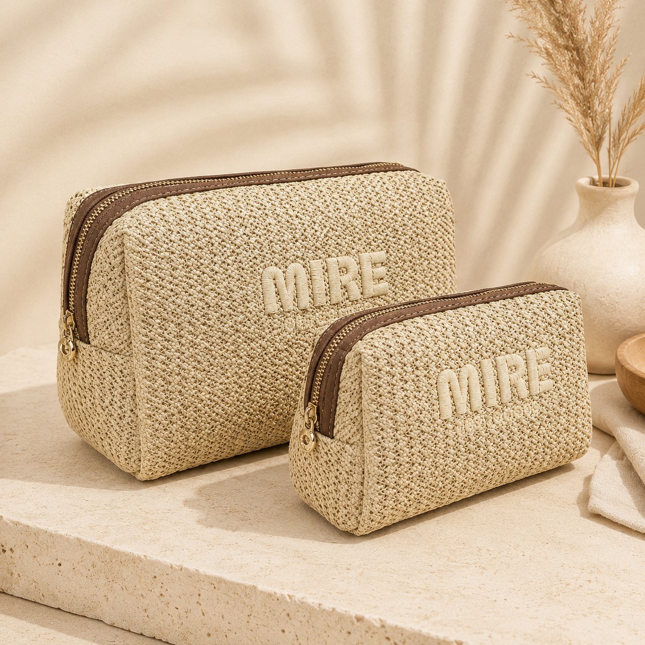 Straw and raffia cosmetic bags