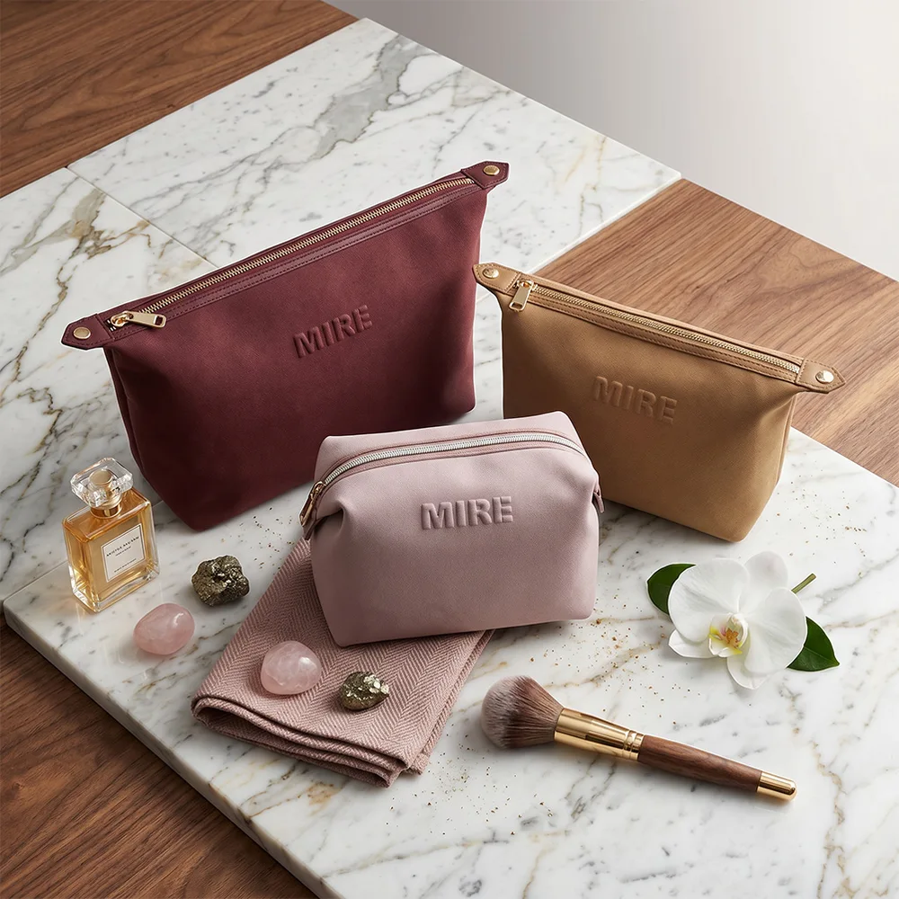 Suede cosmetic bag set — three sizes on marble tray, lifestyle scene