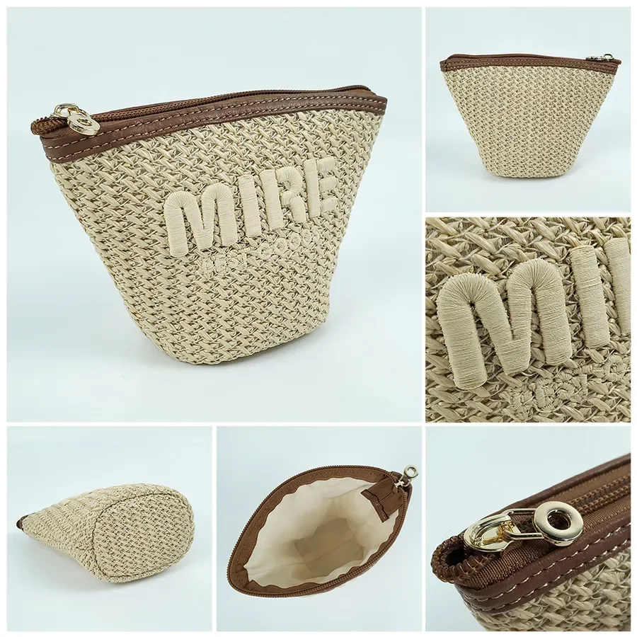 Details — chenille embroidery, weave texture, leather zip edge and lined interior