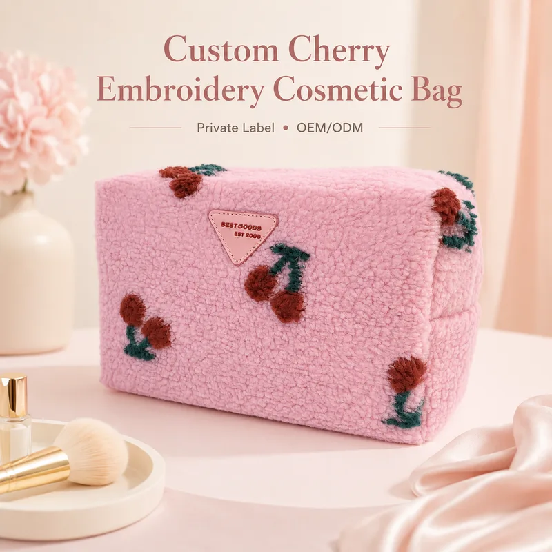 custom cherry embroidered teddy fleece cosmetic bag - view 1