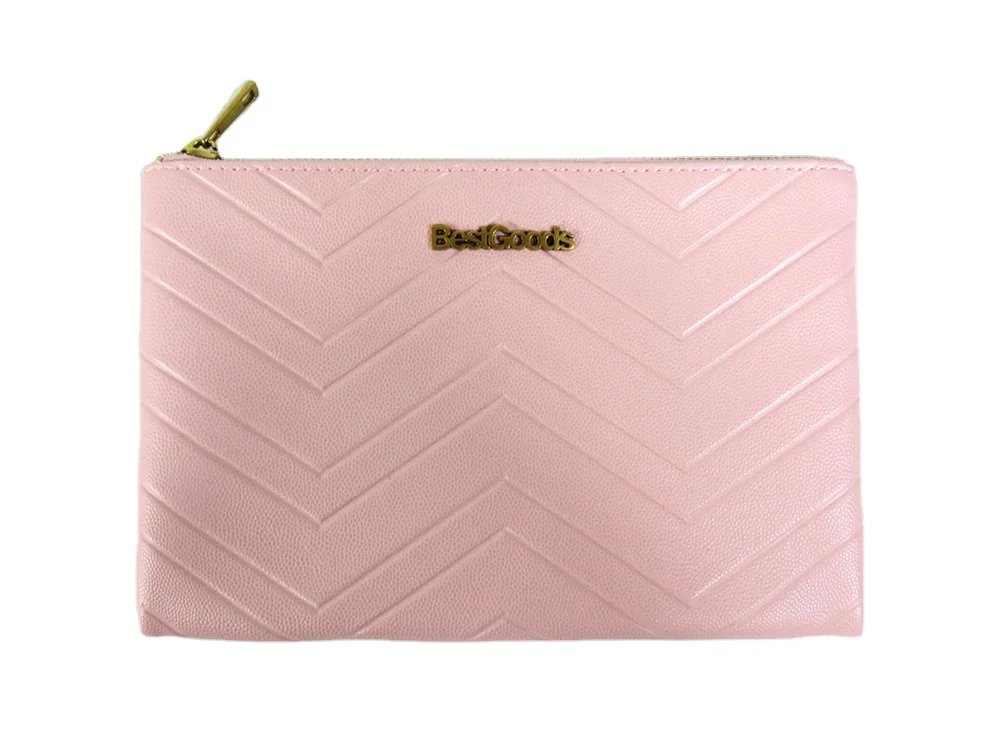 Blush pink quilted chevron leather-look zip pouch with gold zipper pull and BestGoods metal logo plate on white background
