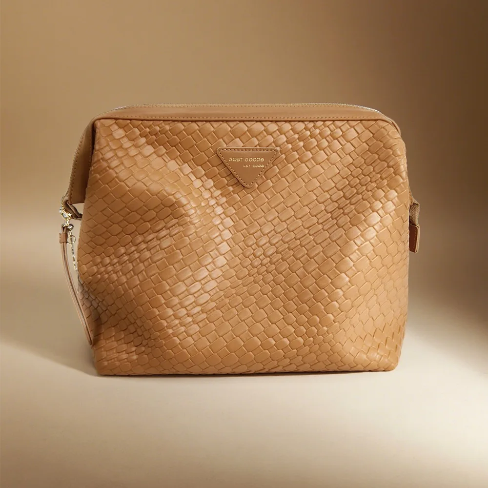 Warm-tone PU leather cosmetic case with leather trim